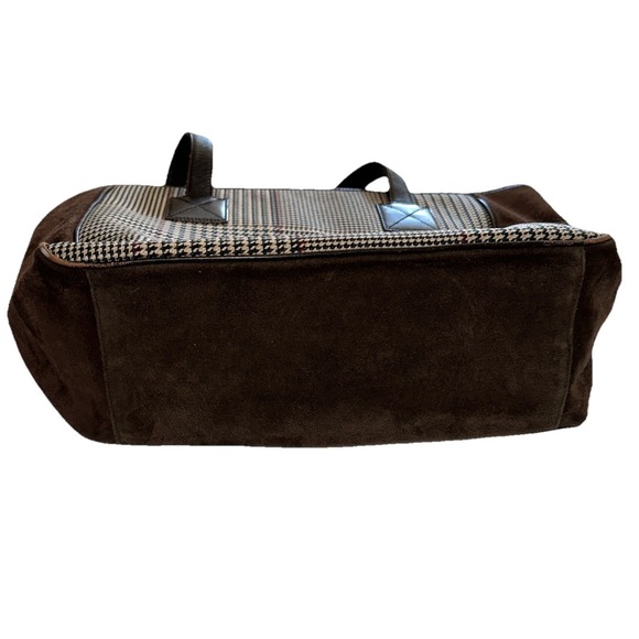 Vintage Lauren Ralph Lauren Brown Suede Leather Tote Bag  Houndstooth Plaid Y2K - Picture 6 of 16